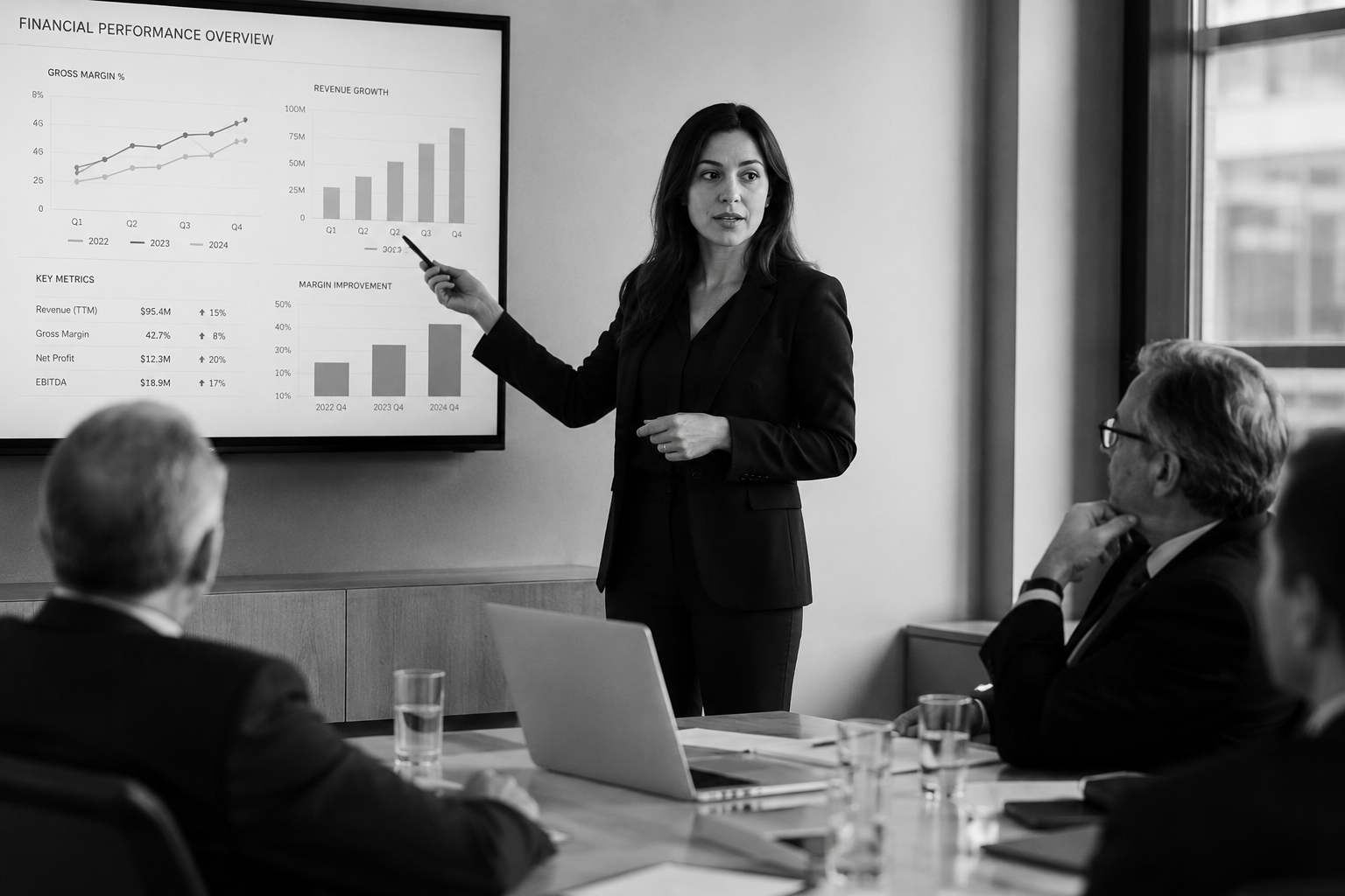 owner reviewing financial performance charts showing improved margins and growth trajectory