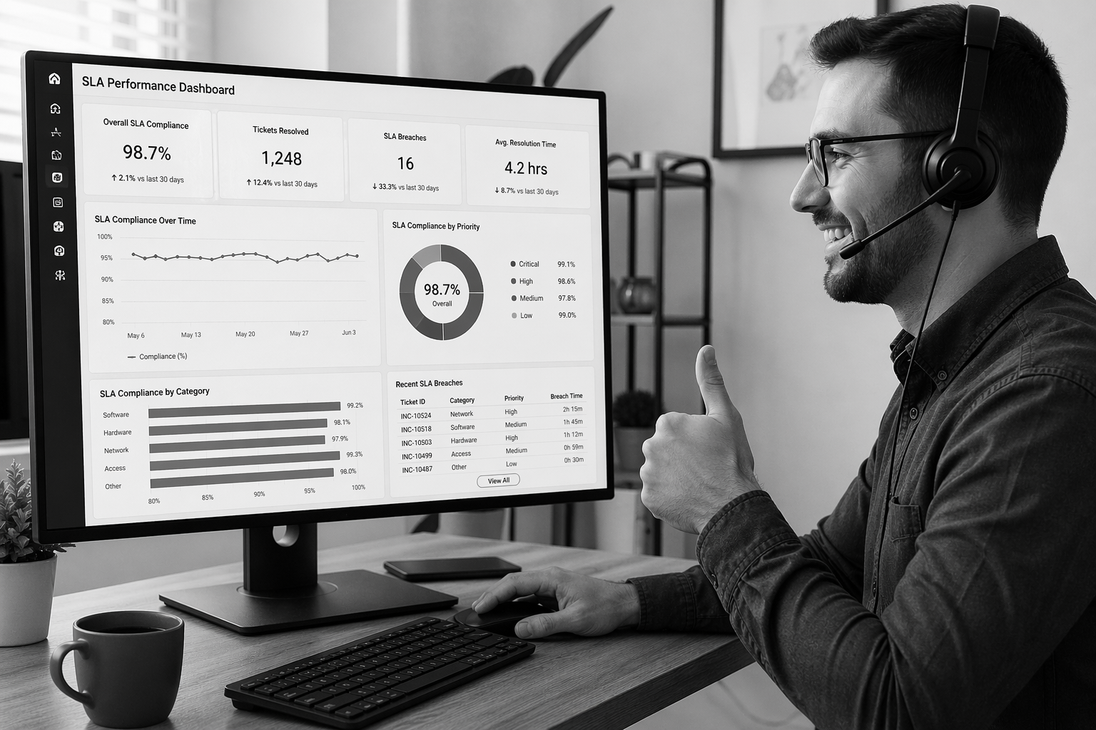 Dashboard showing consistent SLA performance metrics across multiple time zones, with a Filipino remote technician visible in a side panel, illustrating quality consistency in a distributed MSP team