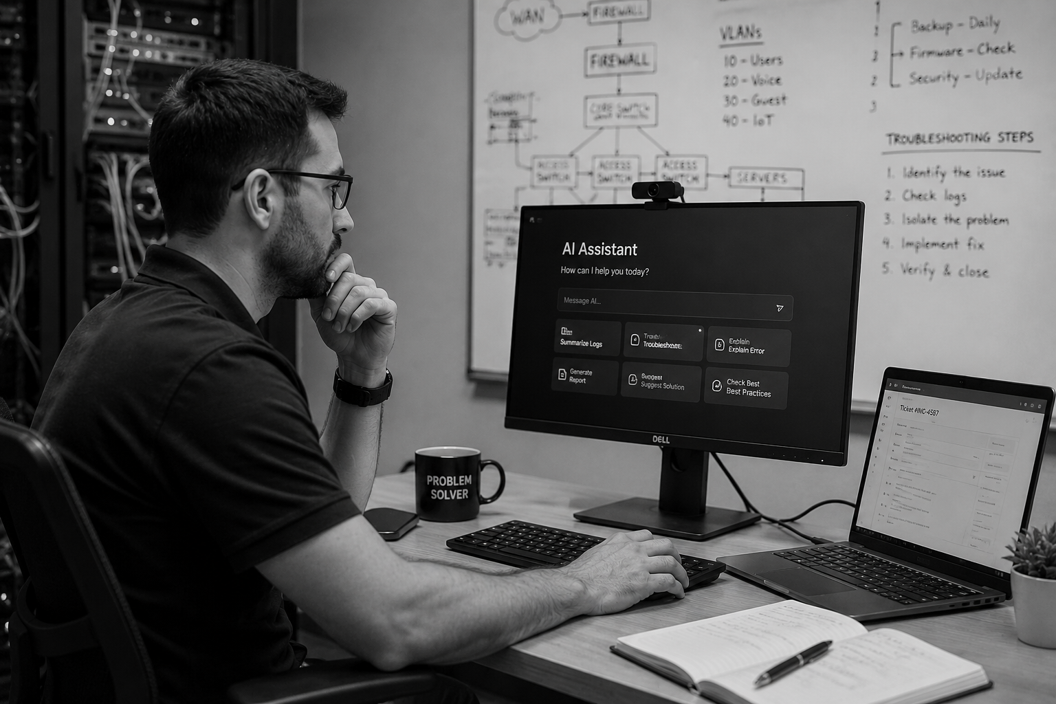 Filipino remote IT technician working alongside AI-powered PSA tools on dual monitors, illustrating how AI and offshore staffing complement each other in MSP operations rather than competing