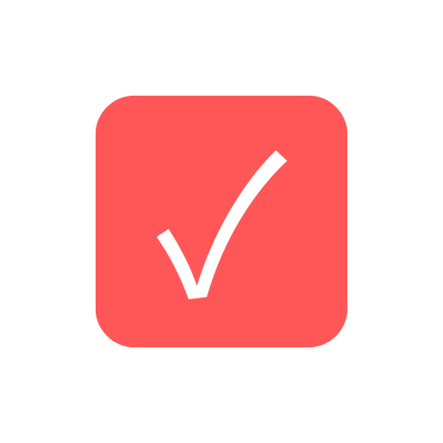 White checkmark inside a red rounded square button.