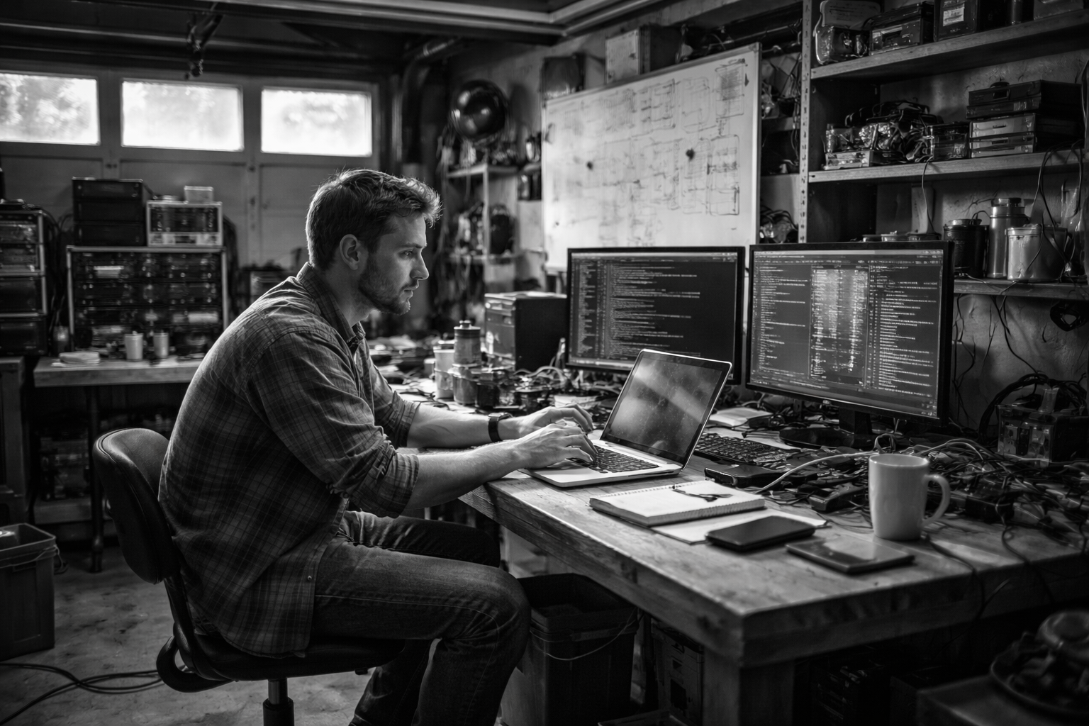 Small MSP owner at a desk late at night responding to support tickets, illustrating the on-call burnout problem that remote L1 support solves