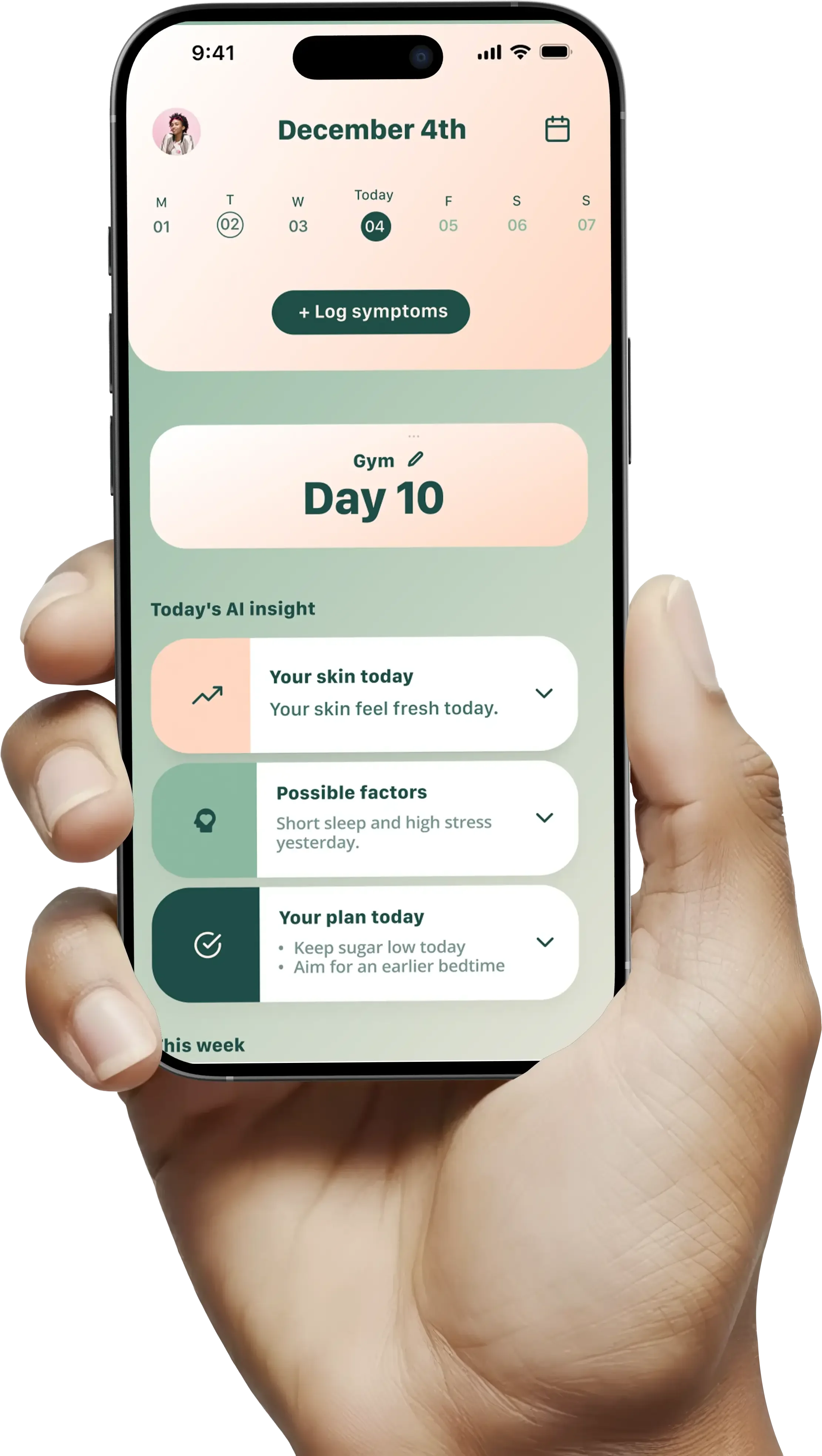 a hand holds an iPhone with skinpal app
