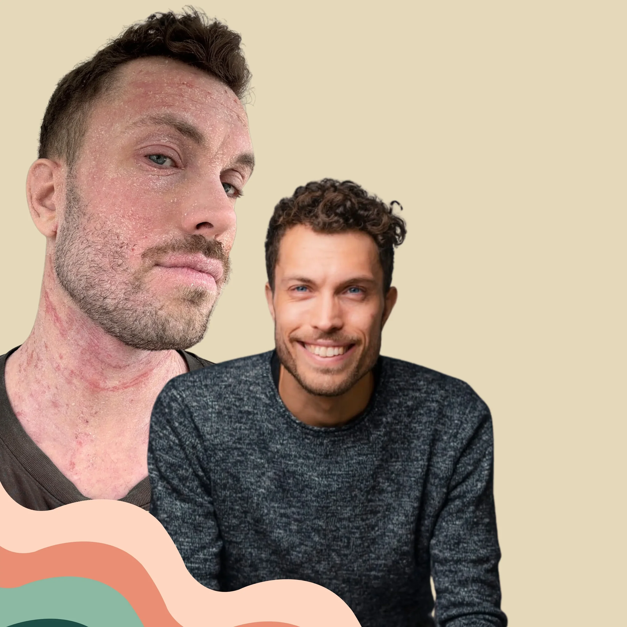 A composite image of two men with layered abstract background. One man has short dark hair, a beard, and a serious expression, while the other has curly hair, a beard, and a smiling expression.