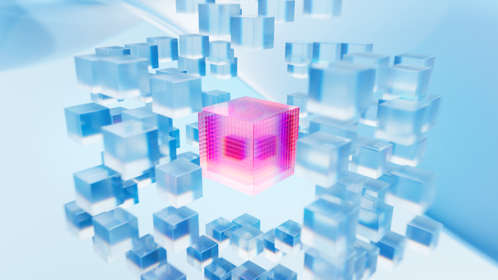 Futuristic digital art of a pink glowing cube surrounded by transparent blue cubes in a 3D abstract space.
