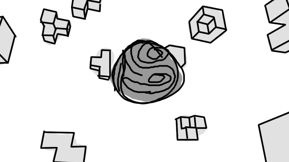A black and white digital drawing of a rocky asteroid with patterned surface floating among various geometric shapes in space.