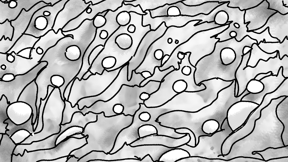 Abstract black-and-white line drawing with circular shapes and varied line patterns.