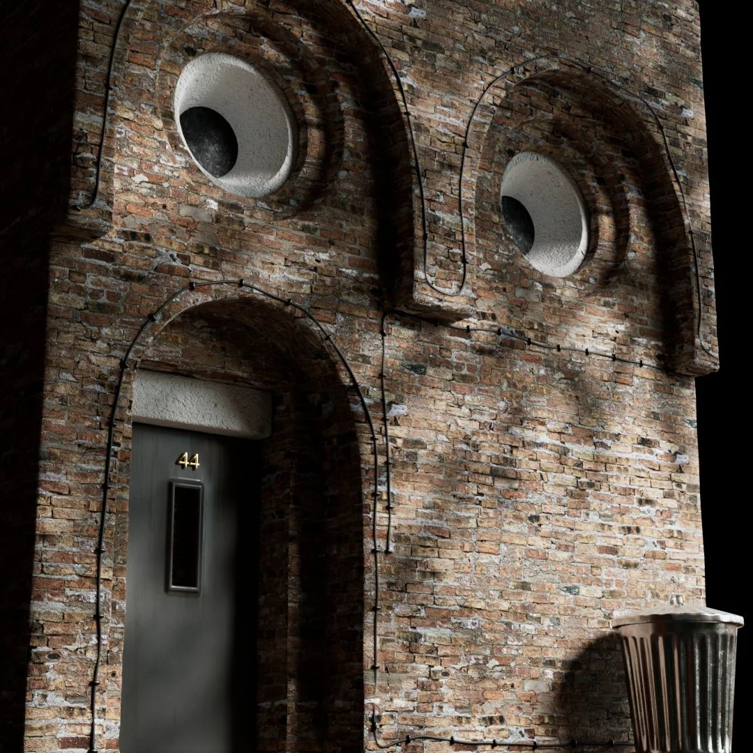 Close-up of a brick building wall with two circular windows and a metal door with the number 44, a small window, and some electrical wiring, along with a trash can on the right side.