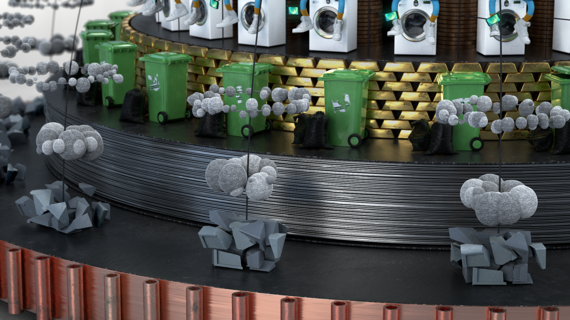 A detailed model of a circular scene with laundry machines, green trash bins, and gold bars, surrounded by abstract geometric shapes and structures.