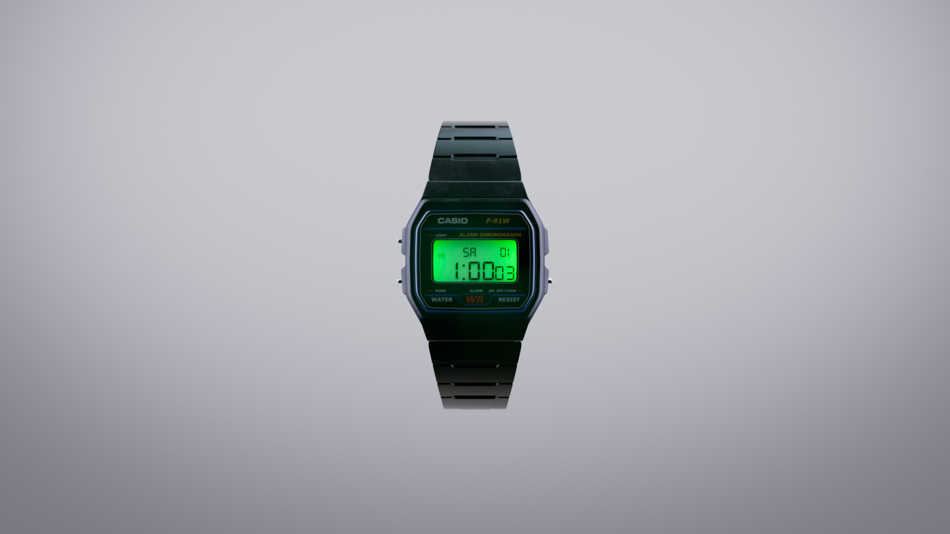 Digital wristwatch with a green backlit display showing time 1:00:03, date Saturday 1, and other functions, against a plain gray background.