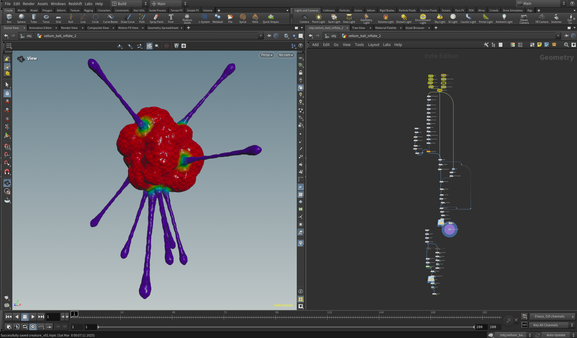 A 3D computer model of a virus particle with a red core and purple protein spikes, displayed in a 3D modeling software interface.