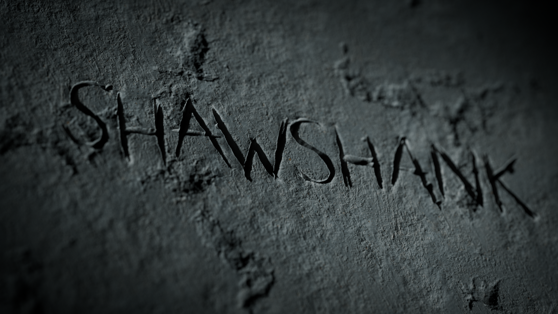 The word "SHAWSHANK" is carved into a dark, rough concrete surface.
