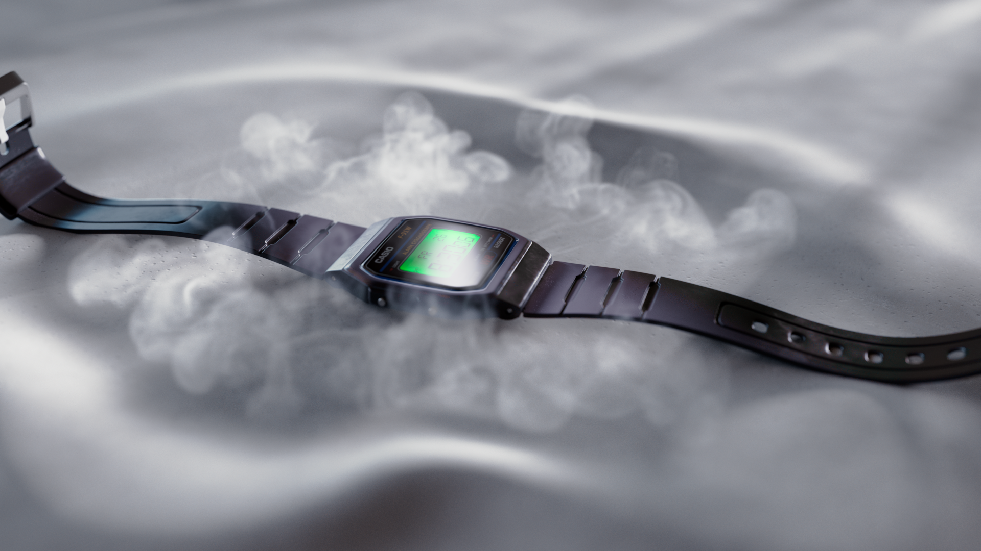 A vintage Casio digital wristwatch lies on a white surface with dry ice or fog surrounding it, emitting vapor.