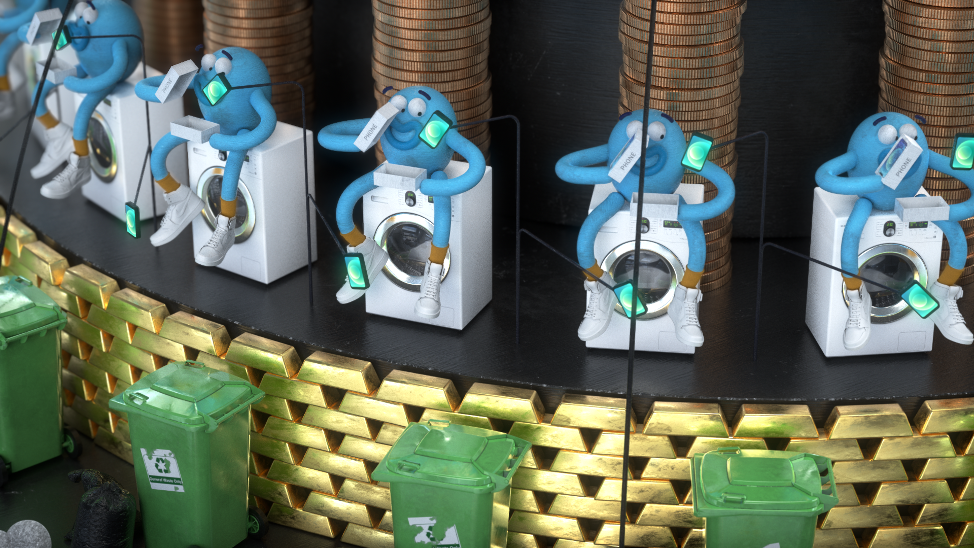A decorative display featuring animated blue plush toys with white sneakers, each sitting on a washing machine and holding a toy phone, with stacks of coins and green recycling bins in the background.