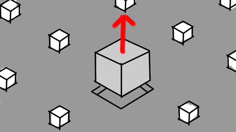 Multiple white cubes on a gray background, with one large cube in the center surrounded by a dashed square, and a red arrow pointing upward from the large cube.
