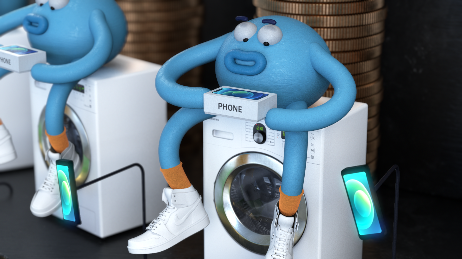 A blue cartoon-like character with big eyes, a large mouth, and long limbs, sitting on a washing machine, holding a box labeled 'PHONE.' The character is wearing white sneakers and orange socks, with a smartphone placed on the ground nearby. There ar