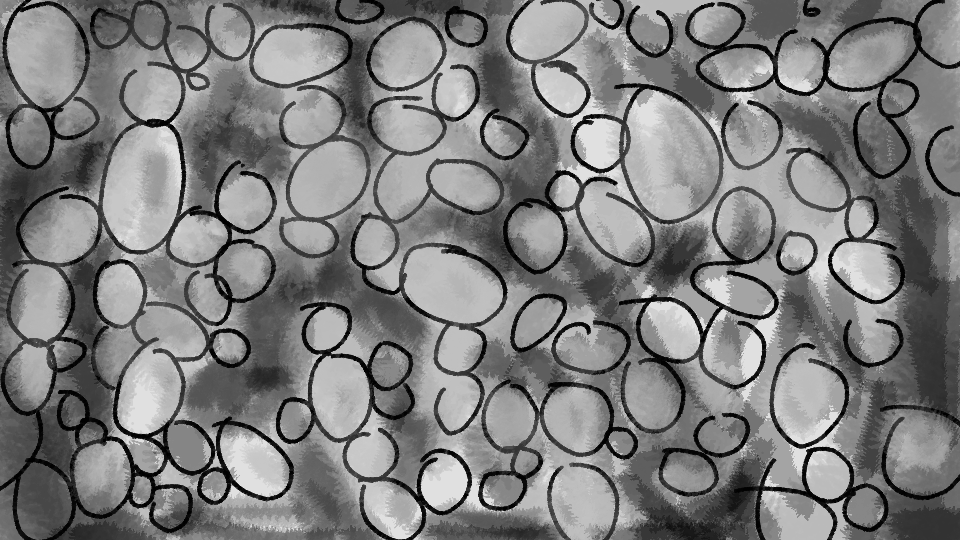 A grayscale abstract image with numerous irregularly shaped, overlapping circles outlined in black, set against a cloudy, textured background.