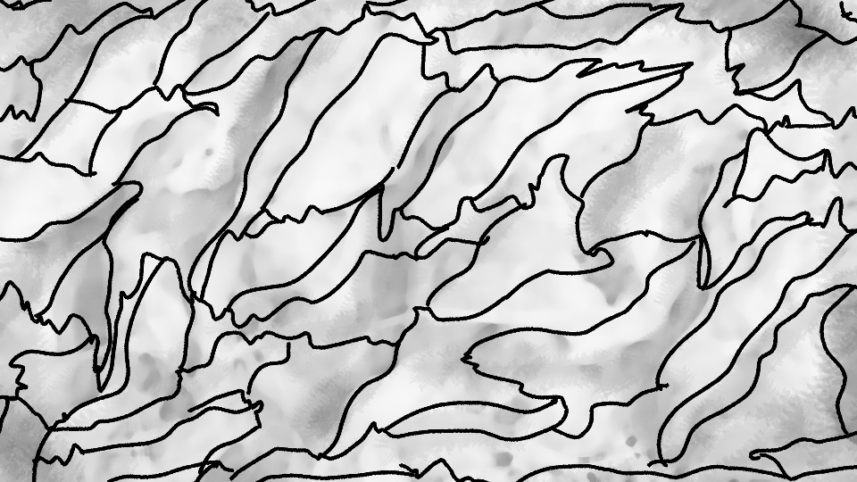 Black outline drawing of fallen leaves layered on a surface with shading indicating depth.