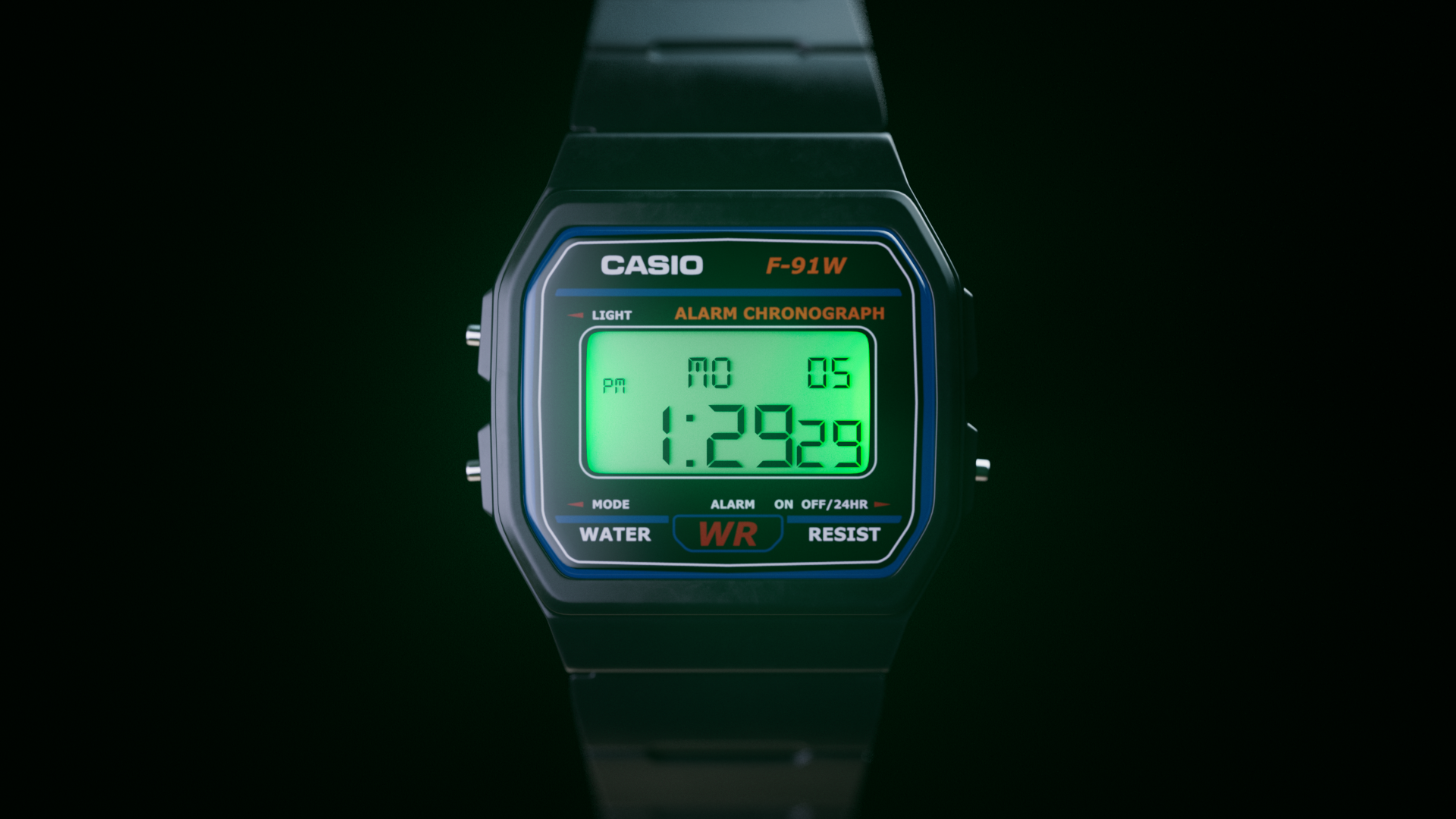 Digital Casio alarm chronograph watch with a green display showing the time 1:29:29 and the date Monday, May 5.
