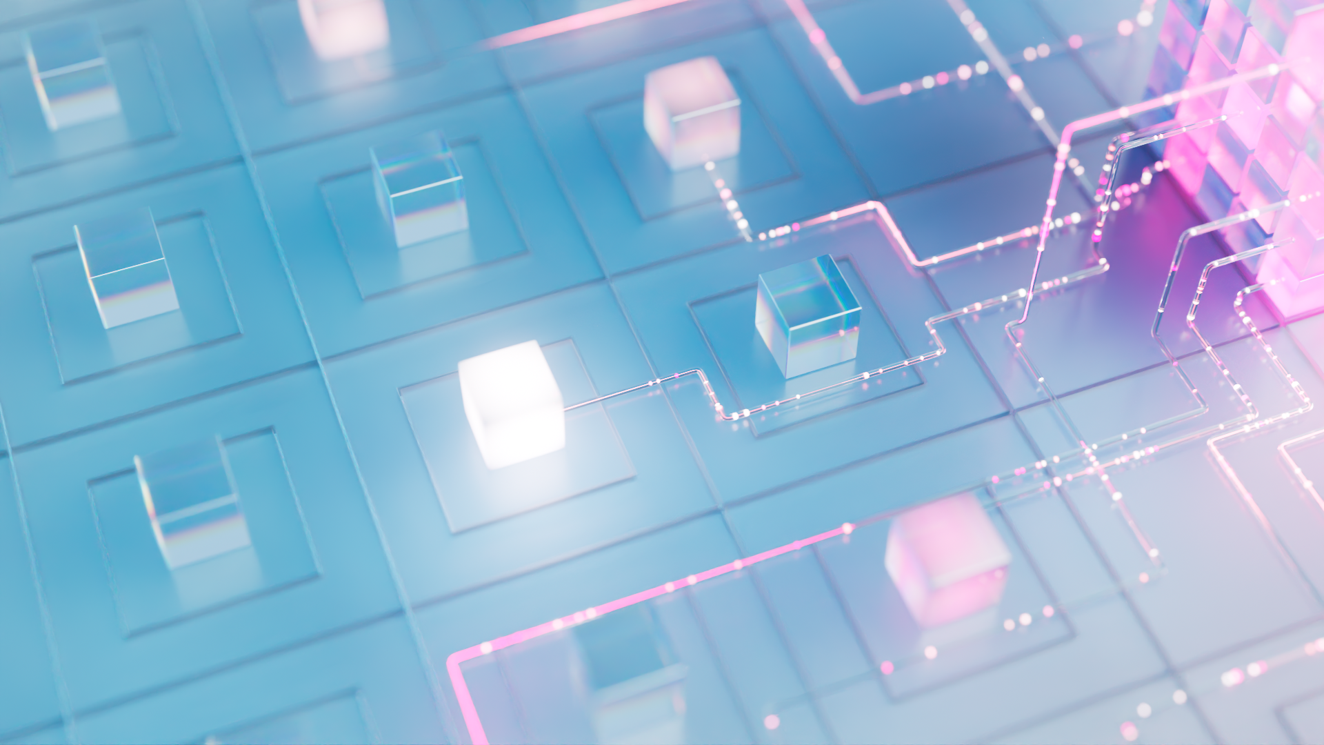 A digital abstract illustration featuring a grid of light blue and pink glowing interconnected circuit lines and transparent cubes.