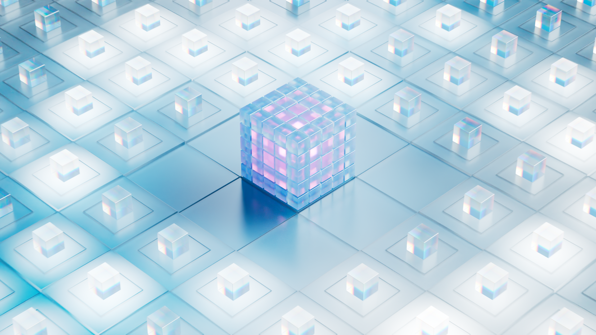 A digital illustration showing a central cube made of smaller translucent cubes with neon lighting, surrounded by smaller glowing cubes arranged in a grid on a reflective surface.