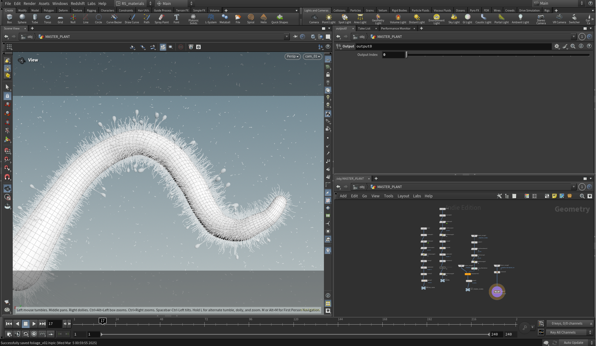 A 3D modeling software interface displaying a digital model of a plant stem with a wireframe overlay, surrounded by particle effects resembling dust or pollen, in a neutral-colored workspace.