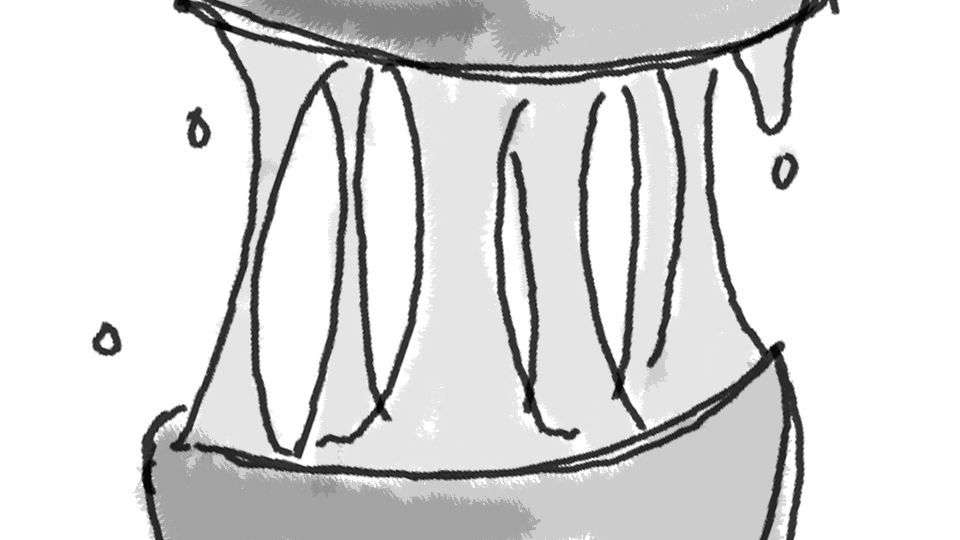 A close-up sketch of a melting candle on a candle holder with wax dripping down.