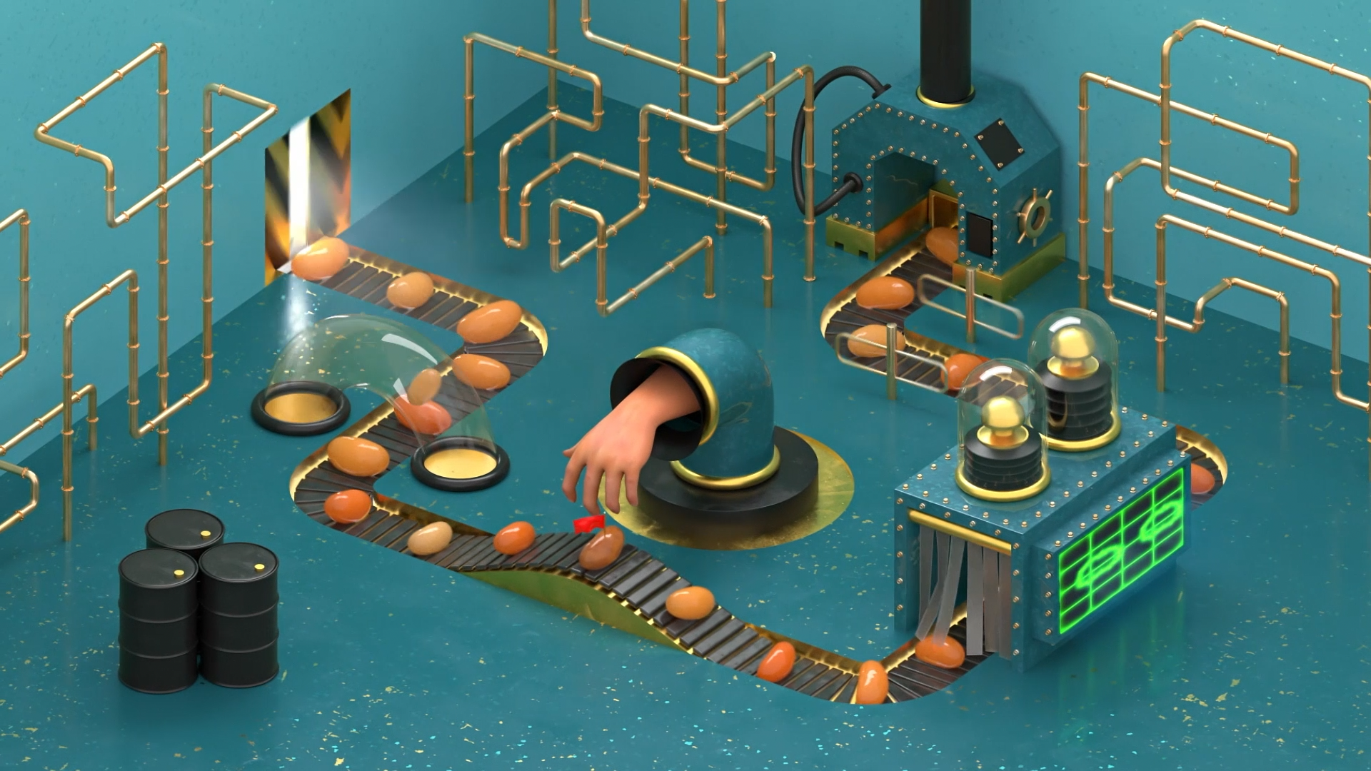 A stylized, animated machine with pipes, conveyor belts, and a robotic arm, sorting or processing oval-shaped objects, with warning lights and a digital display.
