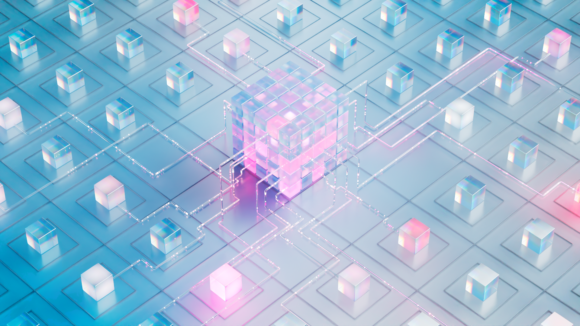 A digital futuristic illustration of a circuit board with glowing pink, blue, and purple elements, featuring a central cube structure surrounded by smaller cubes and interconnected pathways.