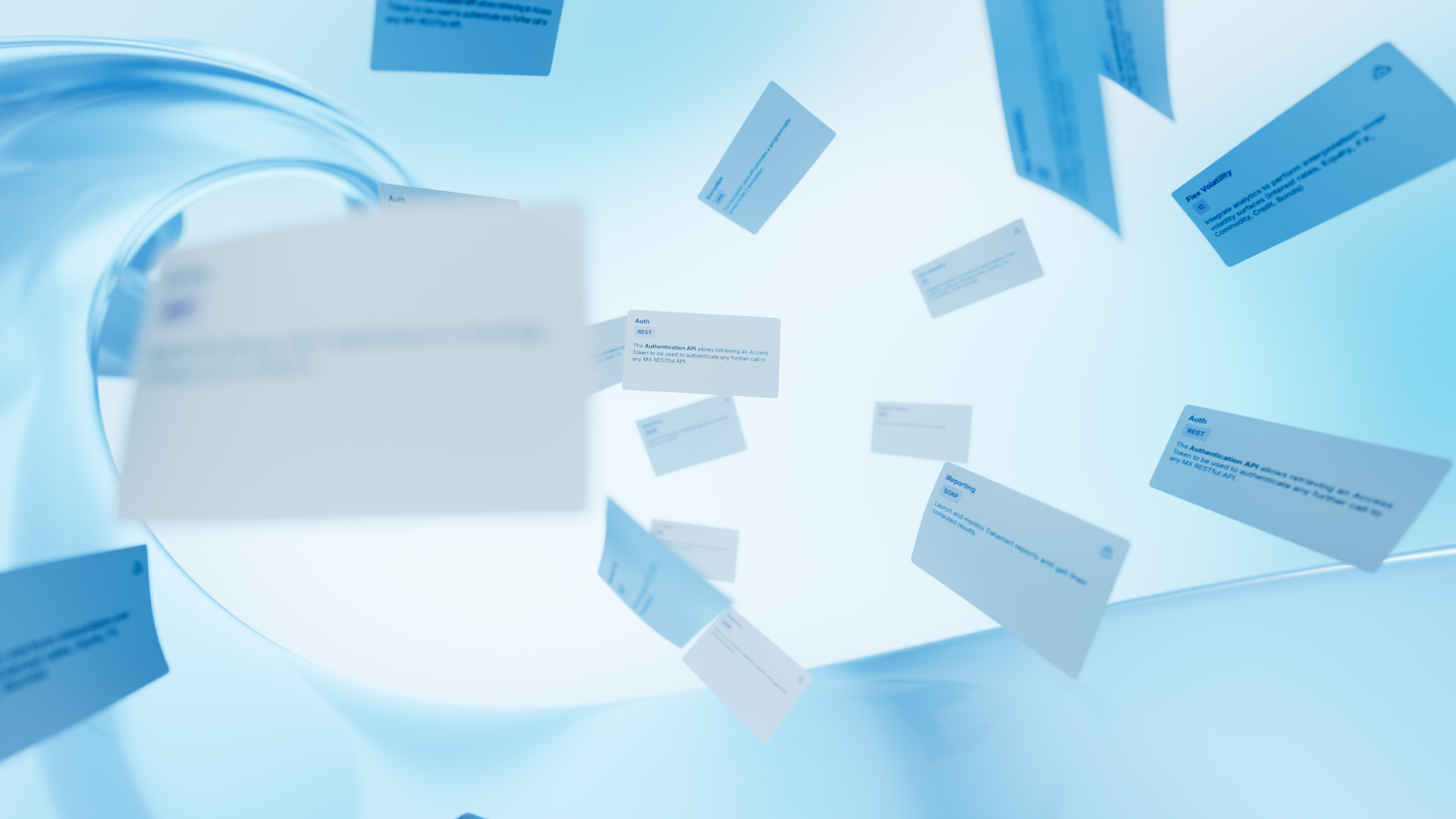 A digital representation of floating technical API documents with blue accents against a light background, depicting API authentication, REST, SOAP, and documentation details.