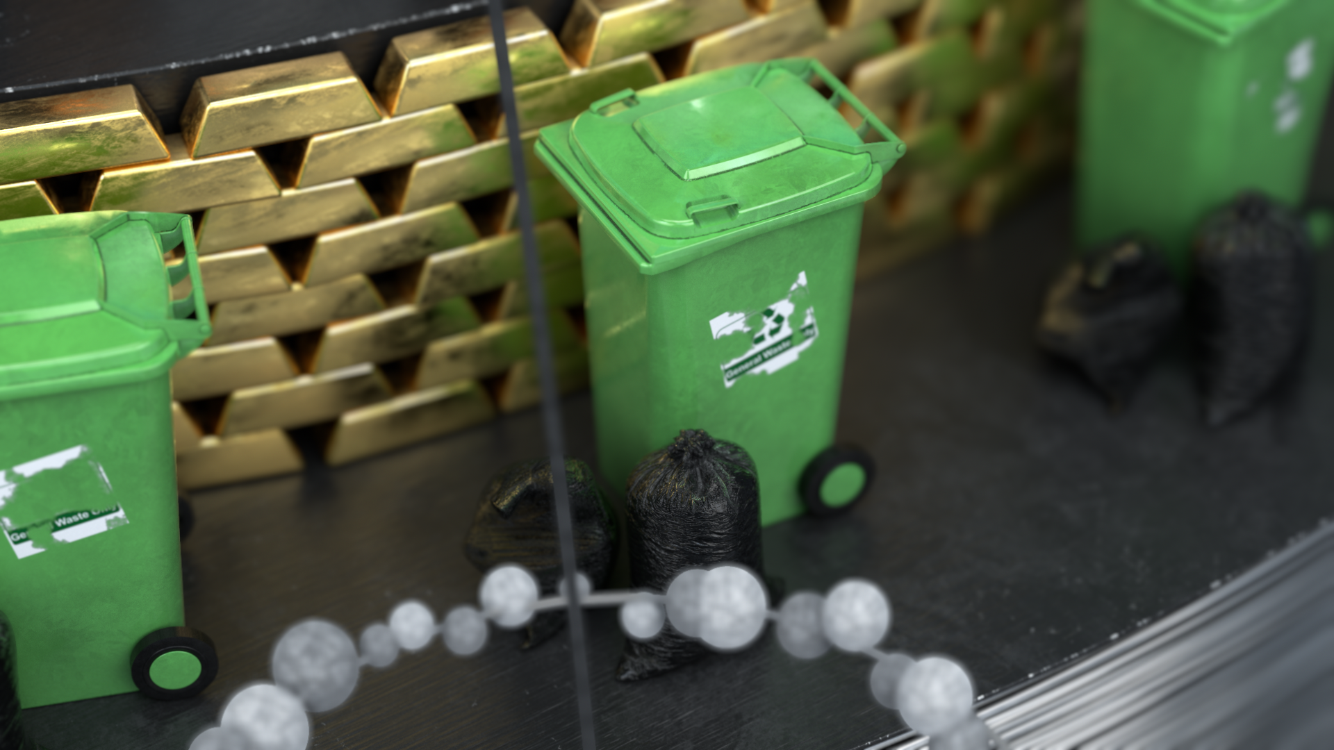 Green waste recycling bin, trash bags, and gold bars displayed indoors.