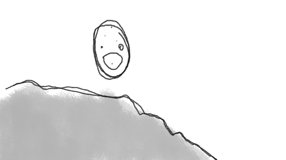 A cartoon drawing of a smiling face on a large rock or mountain, with a background of a cloudy sky.