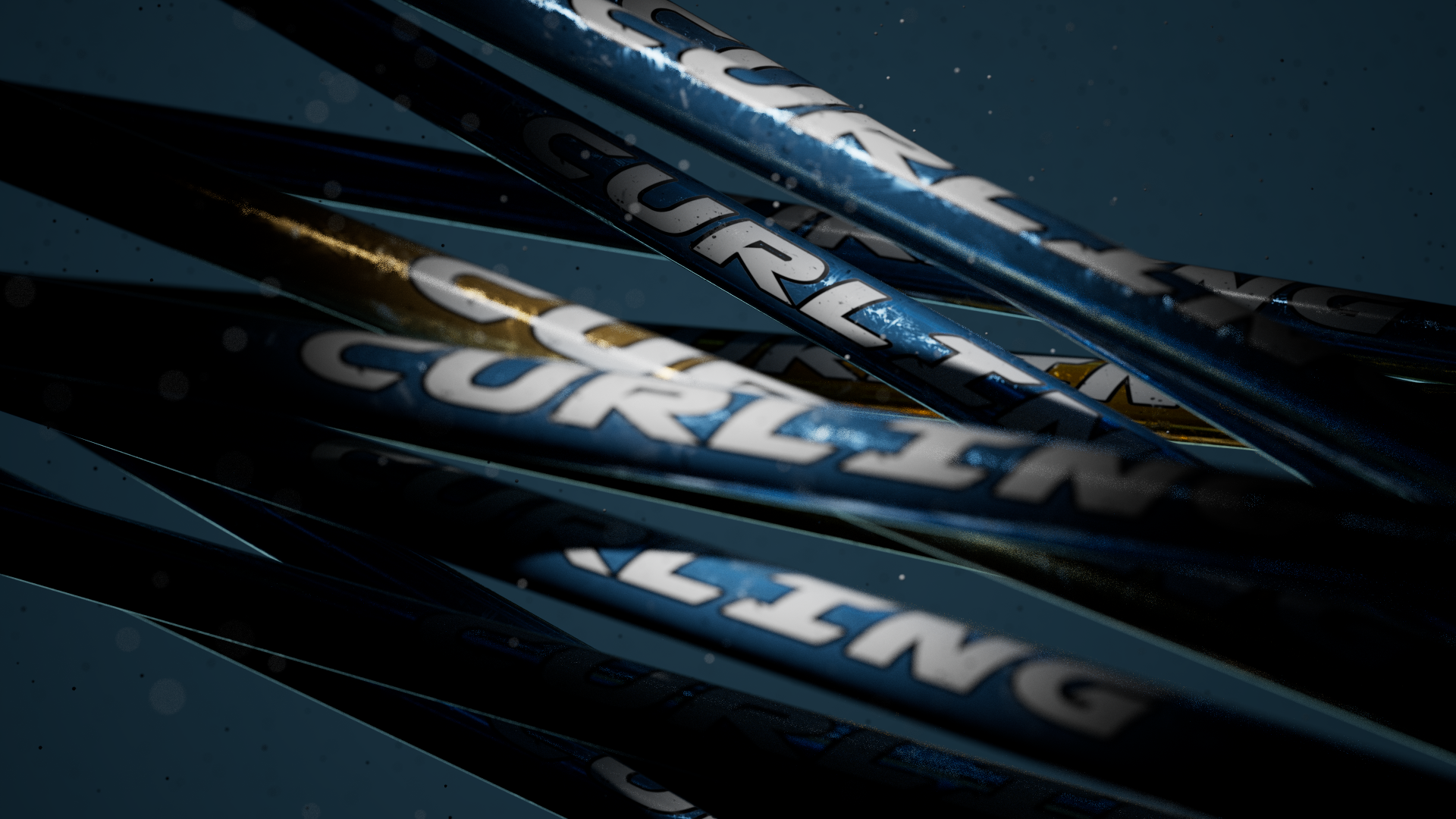 Close-up of several graphite golf clubs with the brand name 'Cure' visible on the shafts, set against a dark background with light specks.