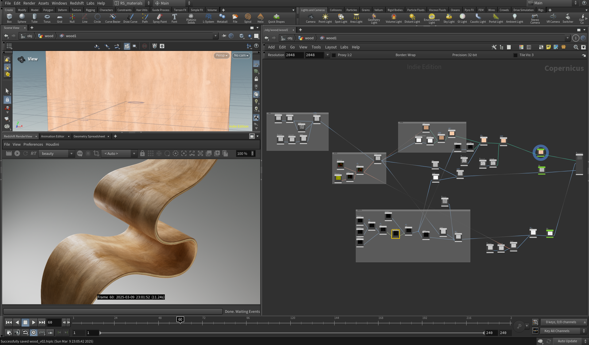 Screenshot of a 3D modeling software interface showing a wooden sculpture and a wood texture material setup.