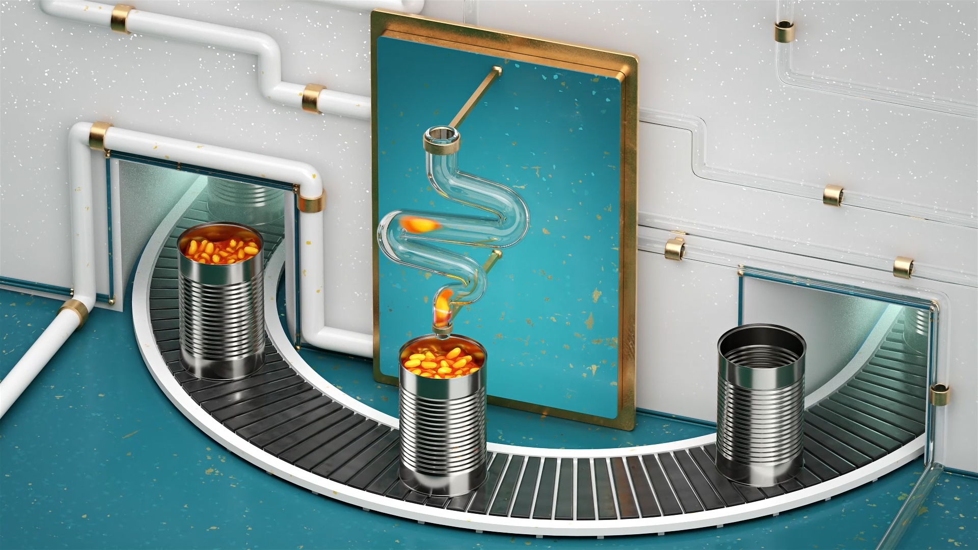 A digital simulation of a futuristic factory or processing plant with a conveyor belt transporting cans filled with orange pills. A complex tube system with transparent pipes and flames moves the pills between cans. A blue and gold control panel or m