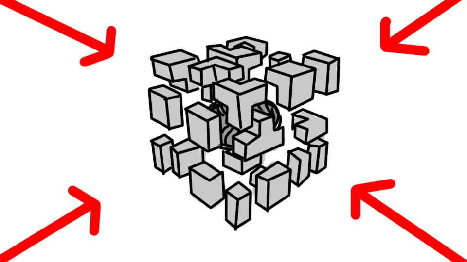 A 3D illustration of a cluster of gray rectangular blocks with black outlines, surrounded by four red arrows pointing toward it from each corner.