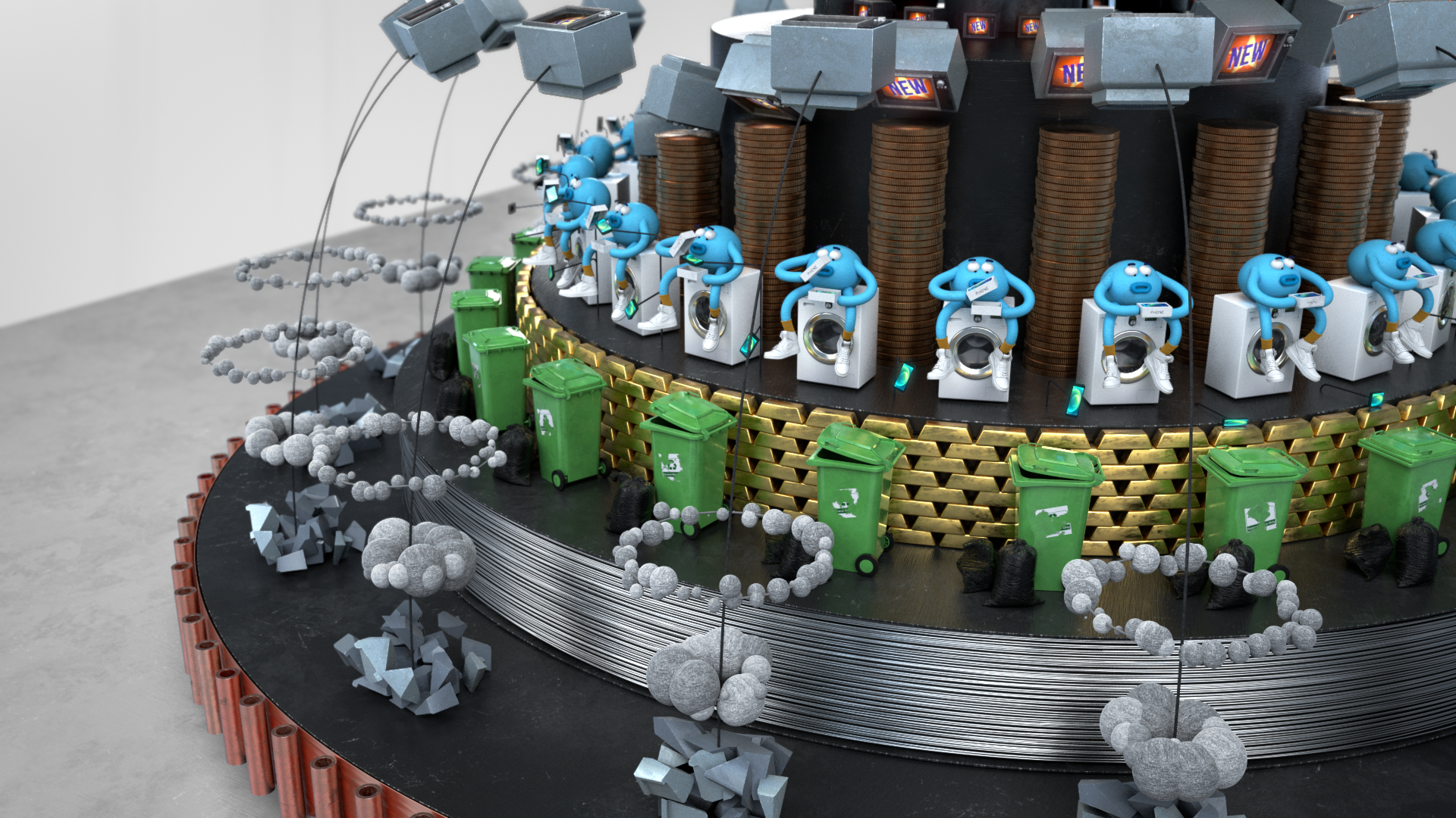 A creative sculpture of a rotating globe made with various small objects, including blue figures using washing machines, green trash bins, stacks of coins, and abstract shapes, all assembled to form a detailed and imaginative representation of Earth'