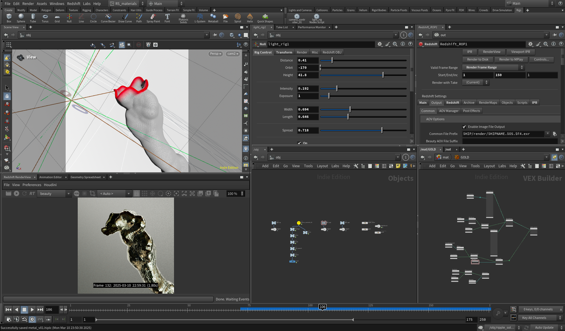 Screenshot of a 3D rendering software interface showing a 3D model of a small animal, possibly a rodent, with textures and a red outline highlighting its head, inside a workspace with various controls, panels, and visual nodes.
