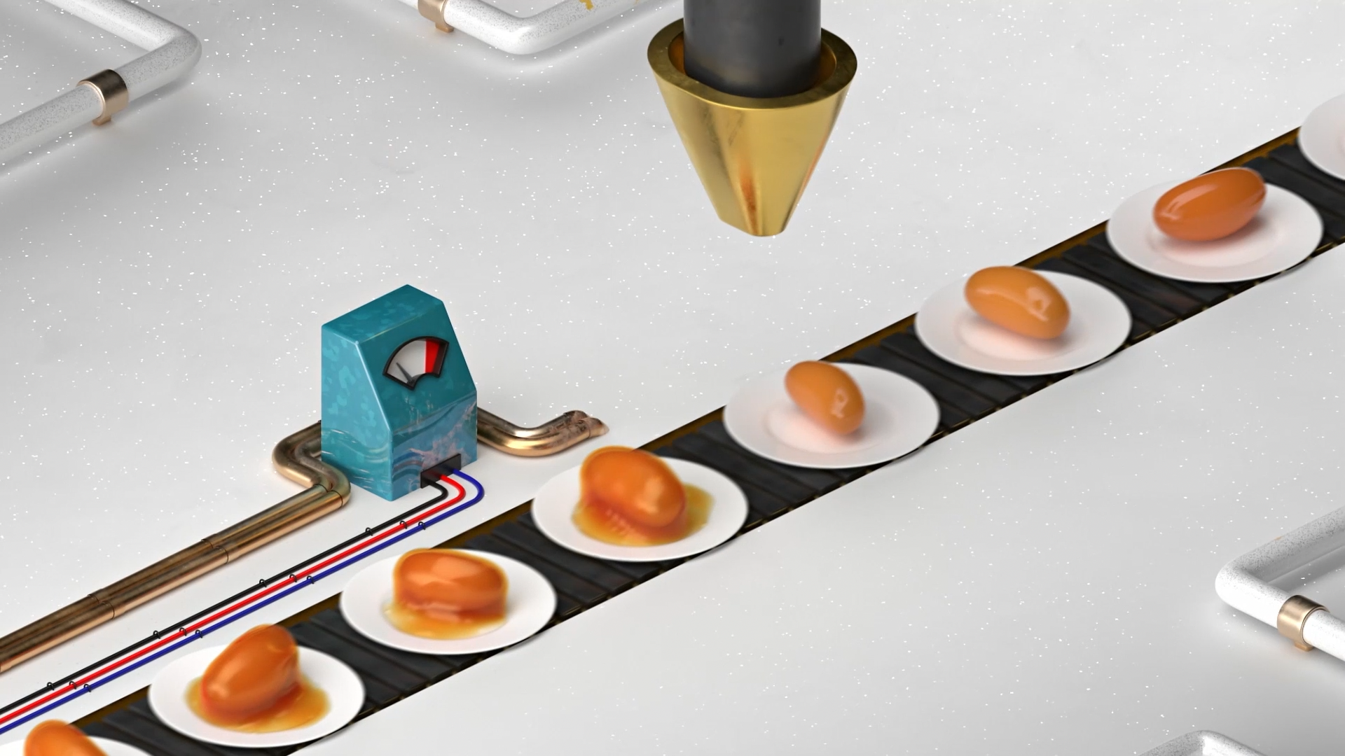 Artificial eggs on a conveyor belt with a blue machine and piping, simulating a factory production line.