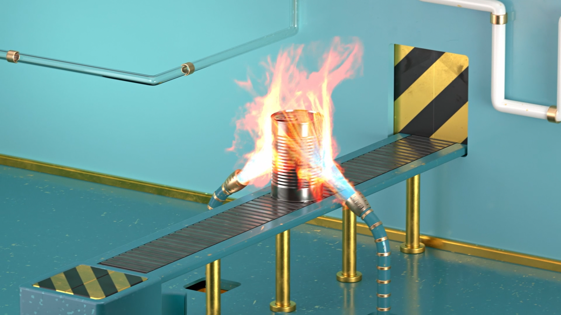 A metallic can is struck by flames and sparks from a mechanical device, with pipes and safety barriers in a laboratory setting.
