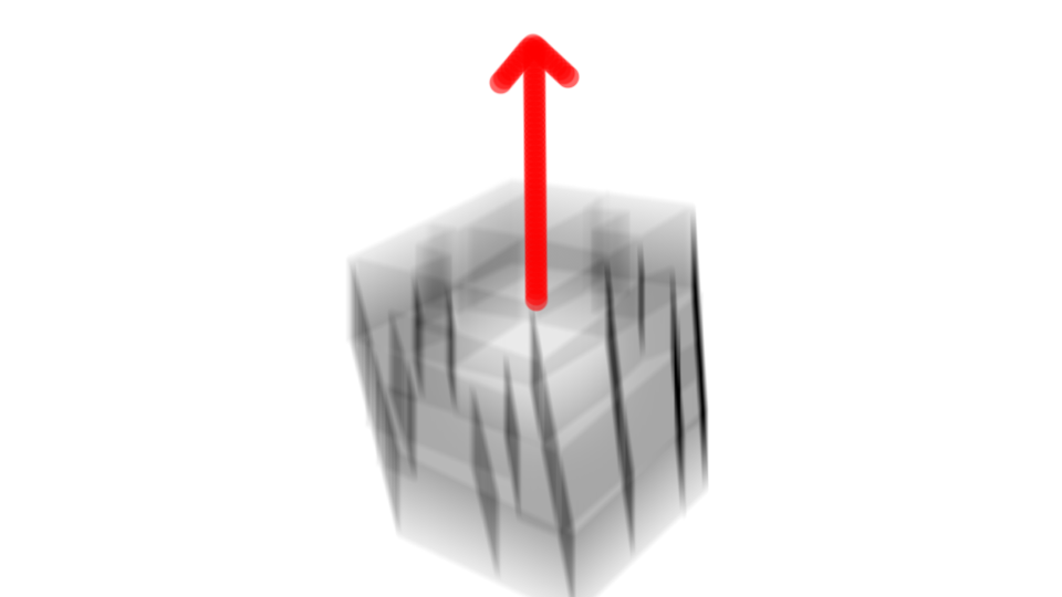 3D illustration of a gray cube with black lines, with a red upward arrow on top.