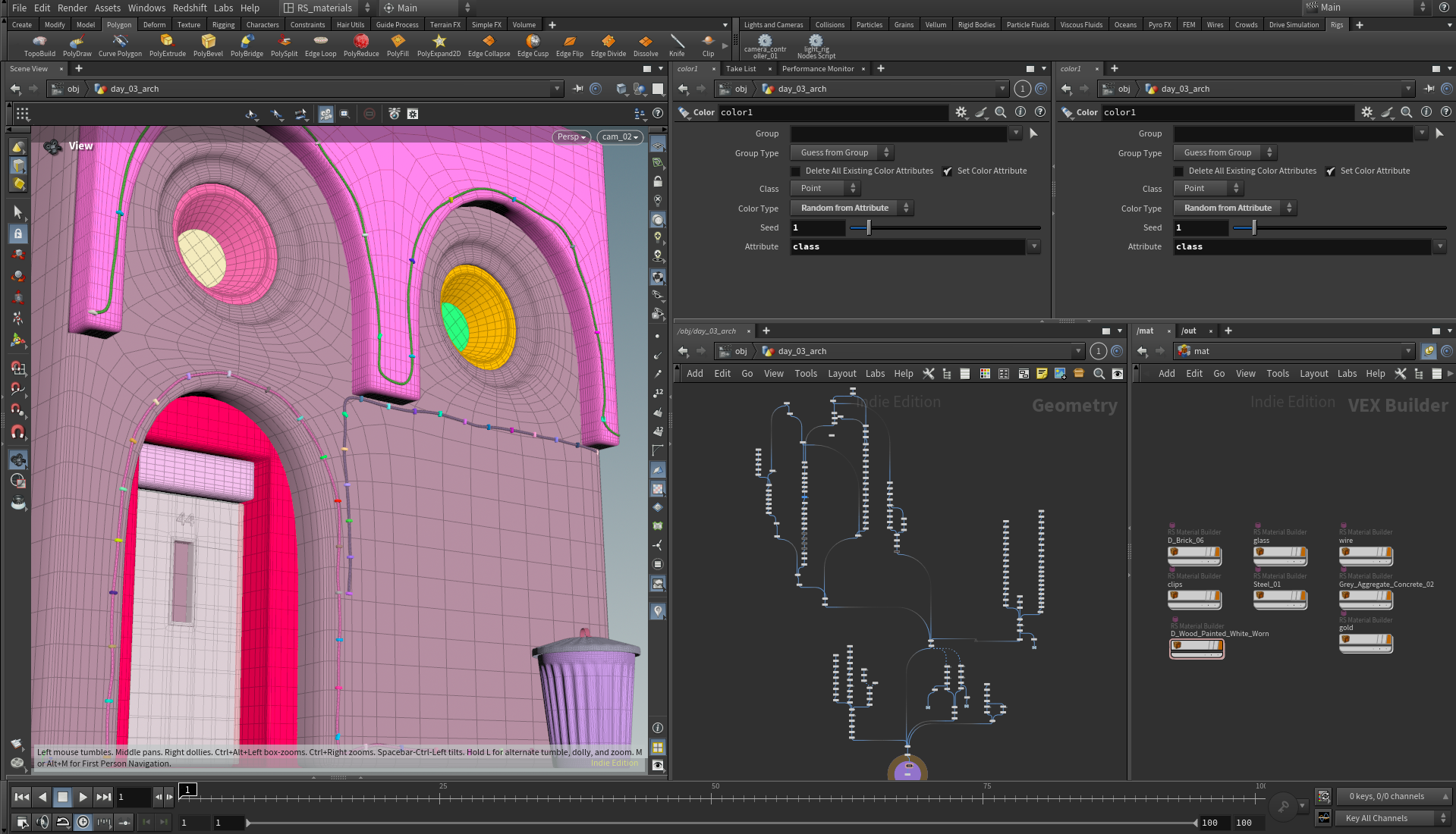 Screenshot of 3D modeling software interface showing a colorful 3D architectural model with wireframe and shaded views, including various panels with node graphs, color settings, and asset libraries.