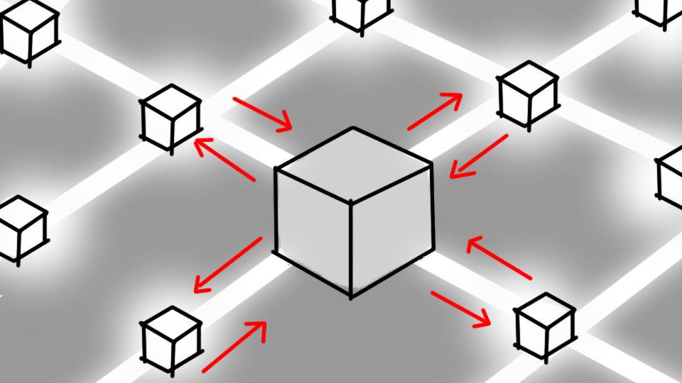 A network diagram showing smaller interconnected cubes surrounding a larger central cube, with red arrows indicating connections among them.