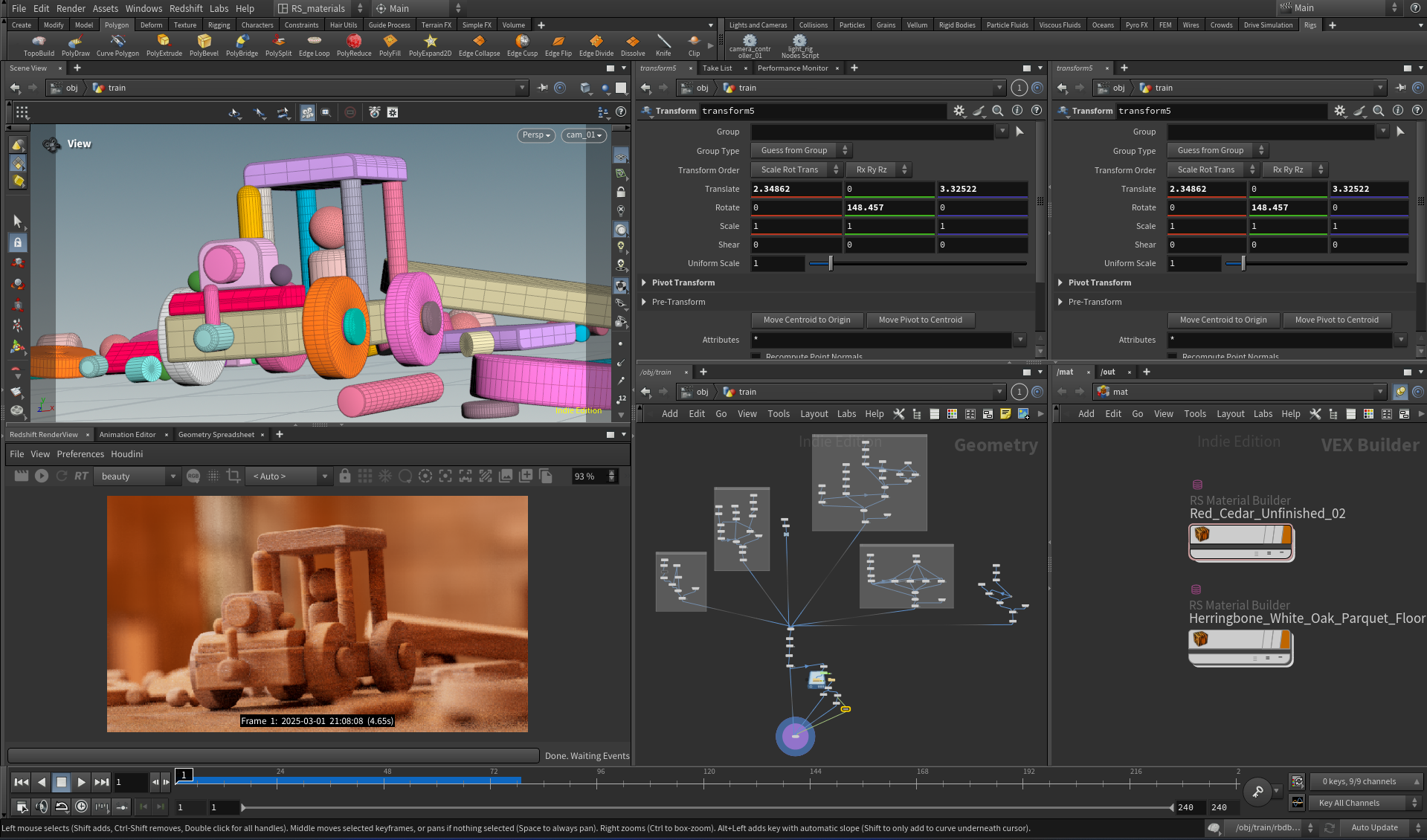 A 3D modeling software interface displaying a colorful digital model of a toy train made of geometric shapes.