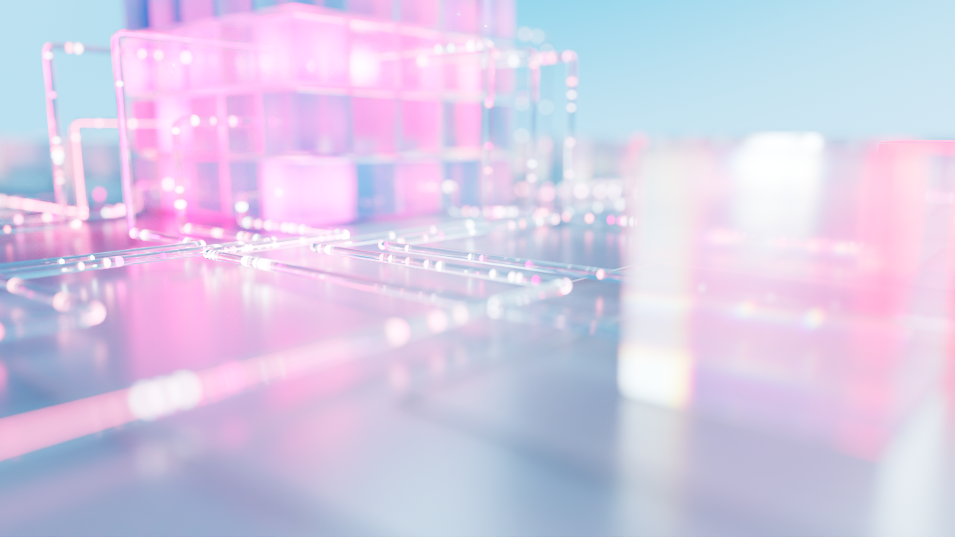 Abstract digital art featuring glowing pink and purple geometric shapes with interconnected lines on a light blue background.