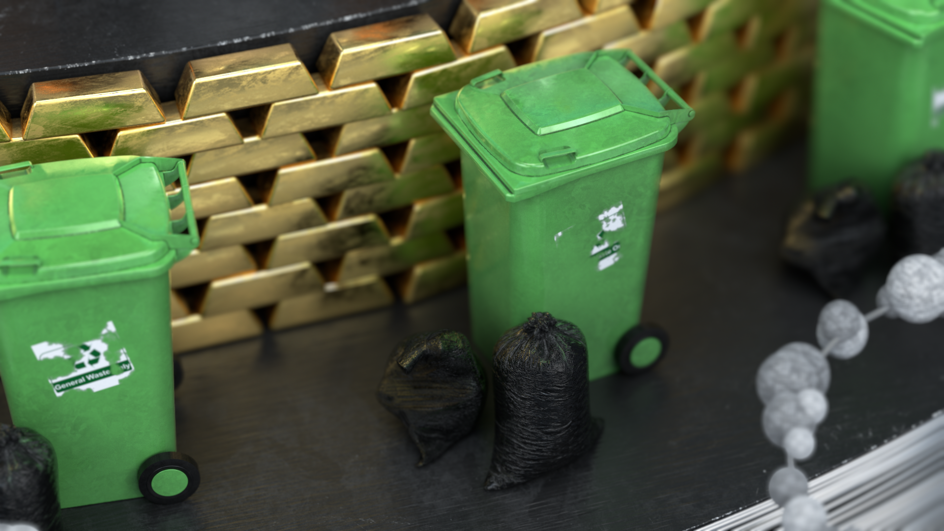 Green trash bins labeled for general waste with black trash bags and a row of white spherical objects connected by string in front of a wall of wooden crates.