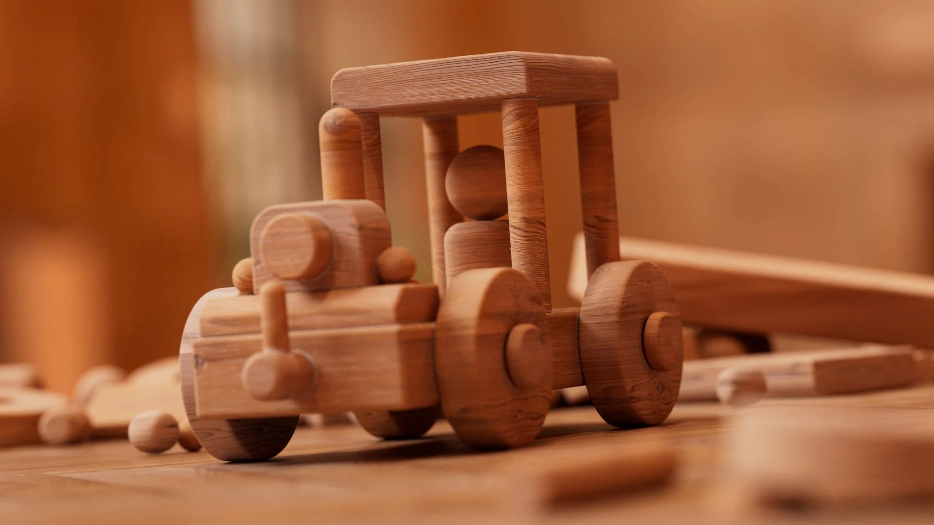 Close-up of a wooden toy train with a simple, rounded design, on a wooden surface, with warm, soft lighting.