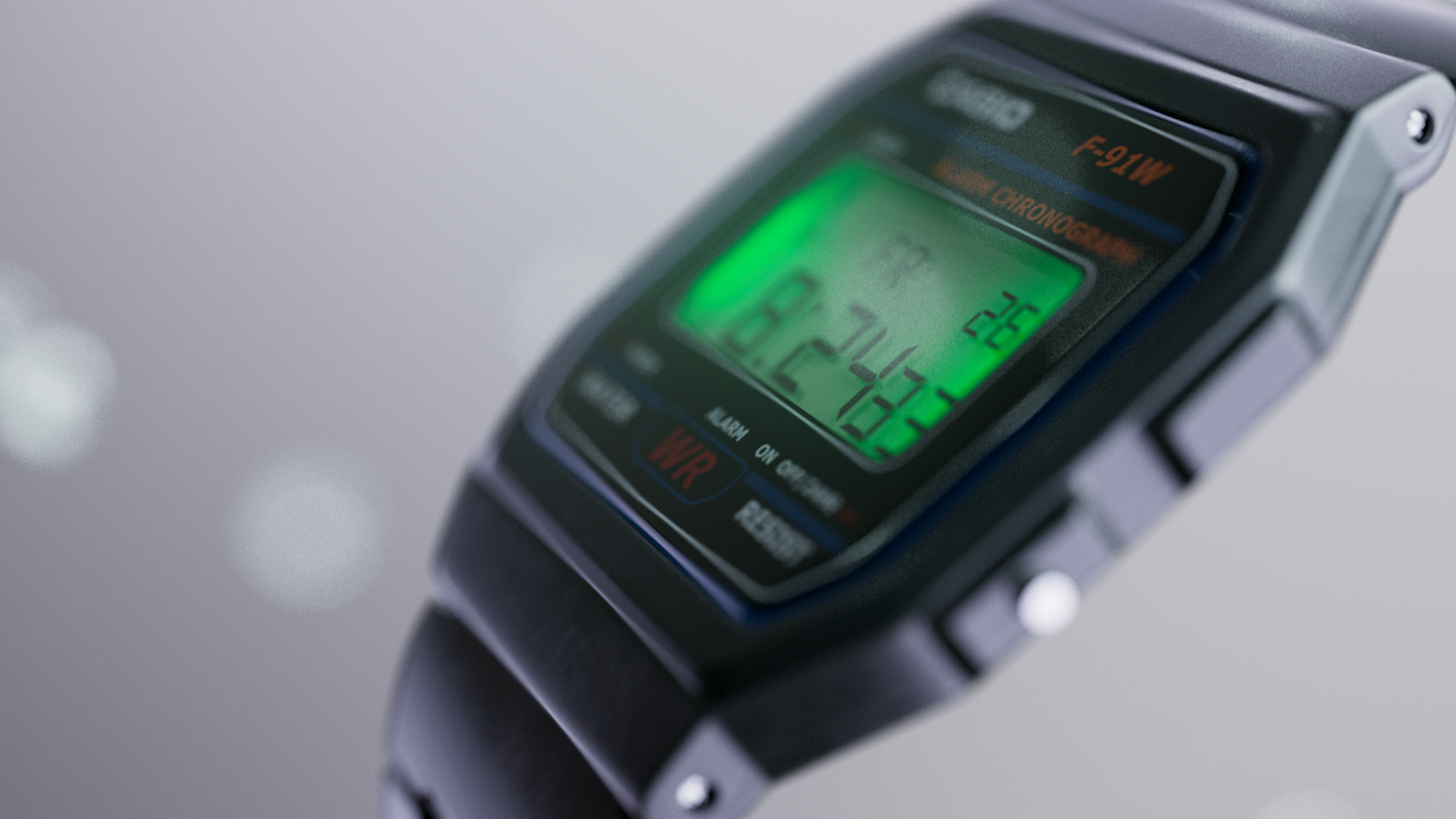 Close-up of a digital stopwatch showing the time 23.4 seconds, with a green backlit display and black body.