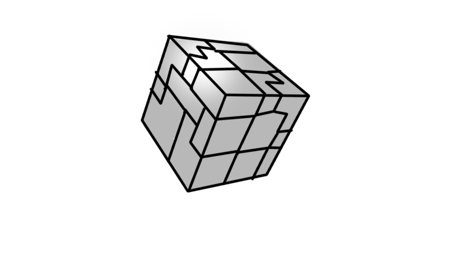 A grayscale 3D illustration of a Rubik's cube with black outlines in a twisted position.