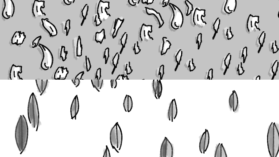 Illustration of a rainy scene with falling raindrops, depicted as streaks and droplets, with a gray sky and a dark background.