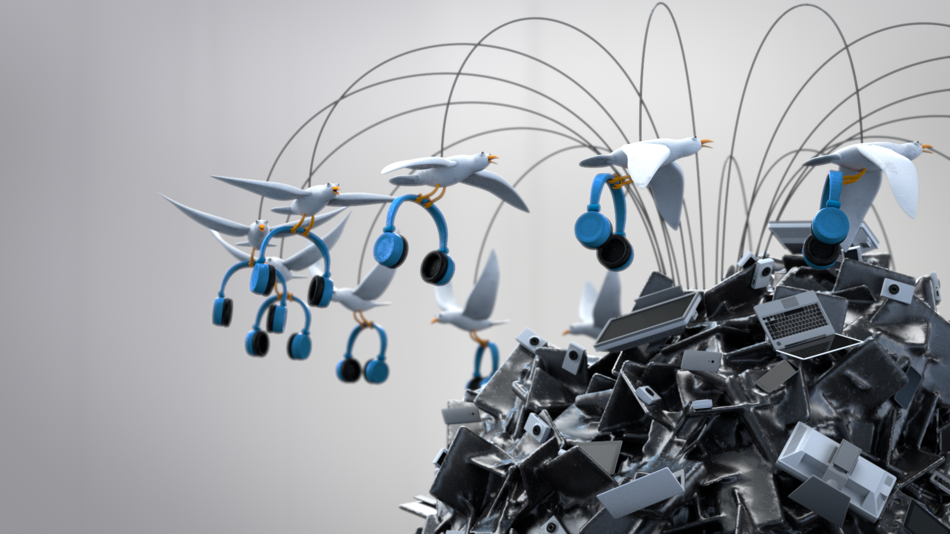A digital illustration showing seagulls carrying headphones, flying over a pile of discarded electronic devices and debris.